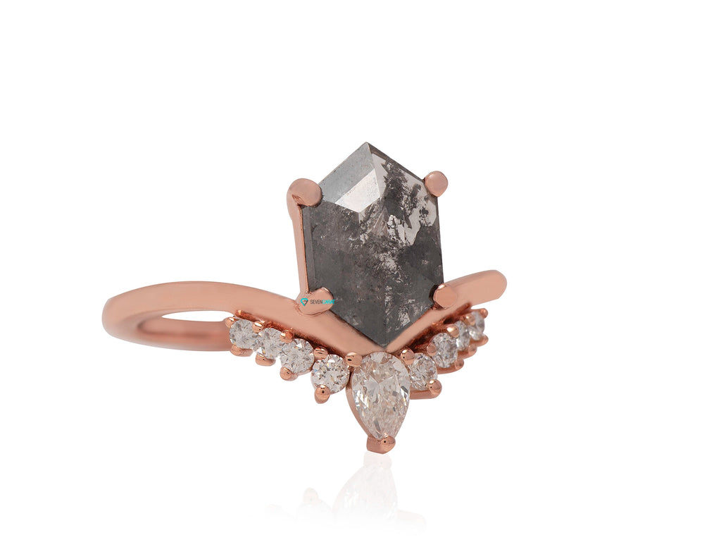 Rose Gold Salt and Pepper Hexagon Diamond Engagement Ring
