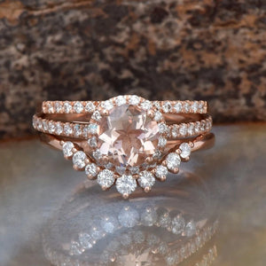 Halo morganite diamond wedding set in rose gold - SevenCarat