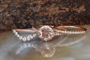 Halo morganite diamond wedding set in rose gold - SevenCarat
