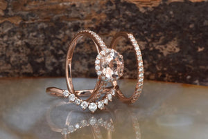 Halo morganite diamond wedding set in rose gold - SevenCarat
