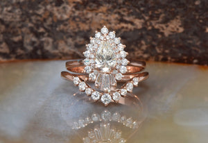 1 carat diamond sunburst engagement ring with wedding band-art deco ring,Baguette band,Baguette ring,Baguette wedding set,Bridal wedding ring,Bridal Wedding Set,Curved Gold Band,Diamond engagement,double halo ring,engagement ring,halo engagement set,pear cut diamond,Pear cut wedding set