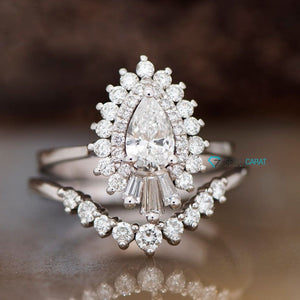 1 carat diamond sunburst engagement ring with wedding band-art deco ring,Baguette band,Baguette ring,Baguette wedding set,Bridal wedding ring,Bridal Wedding Set,Curved Gold Band,Diamond engagement,double halo ring,engagement ring,halo engagement set,pear cut diamond,Pear cut wedding set