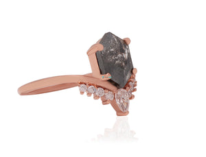 Rose gold  Salt and Pepper hexagon diamond engagement ring 1.73 ct