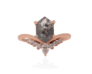 Rose gold  Salt and Pepper hexagon diamond engagement ring 1.73 ct