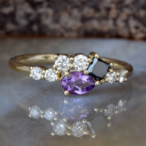 Amethyst cluster ring-Amethyst diamond engagement ring-Gold ring-Diamond ring-Promise Ring-Gift for her-Black diamond-Art deco engagement-14k white gold,Amethyst cluster,anniversary gift,art deco engagement,Art Deco Ring,Black diamond,diamond ring,engagement ring,For her,Gemstone,Gift for her,Oval,Pear,pear sapphire ring,Promise Ring,Ring,unique ring,vs,vvs