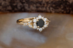 1 carat flower diamond ring-Black diamond Art deco Engagement Ring-Flower engagement ring -Promise ring-Leaf ring