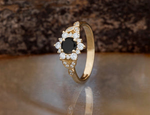 1 carat flower diamond ring-Black diamond Art deco Engagement Ring-Flower engagement ring -Promise ring-Leaf ring - SevenCarat