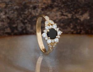 1 carat flower diamond ring-Black diamond Art deco Engagement Ring-Flower engagement ring -Promise ring-Leaf ring - SevenCarat