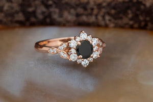 Black diamond flower ring-Art deco Engagement Ring rose gold-Flower engagement ring -Promise ring-Leaf ring - SevenCarat