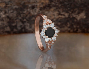 Black diamond flower ring-Art deco Engagement Ring rose gold-Flower engagement ring -Promise ring-Leaf ring - SevenCarat