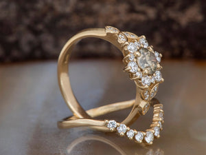 Flower engagement ring set-Stacking wedding ring set-Flower ring-Flower engagement ring-Curved band set-Vintage bridal set-Enhancer ring set