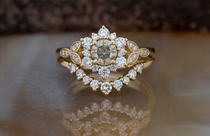 Flower engagement ring set-Art deco wedding set-Twig and Leaf Engagement Ring-Flower jewelry-Flower engagement ring-Rough diamond ring