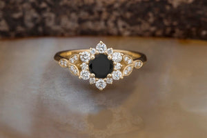 1 carat flower diamond ring-Black diamond Art deco Engagement Ring-Flower engagement ring -Promise ring-Leaf ring