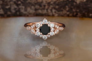 Black diamond flower ring-Art deco Engagement Ring rose gold-Flower engagement ring -Promise ring-Leaf ring - SevenCarat