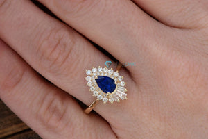 Sapphire engagement ring vintage-14K Yellow Gold-Pear shaped diamond engagement ring-Promise ring-Baguette diamond ring-Anniversary ring,art deco ring,Baguette diamond,Baguette ring,Diamond engagement,engagement ring,Engagement Rings,gold diamond ring,Pear shaped sapphire,Promise ring,ring vintage,sapphire ring,sevencarat,solitaire ring,vs,vvs,Wedding sets