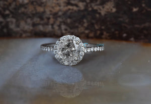 1.46 ct Salt and Pepper halo diamond engagement ring - 14k 18K White Gold-1 carat diamond,14k white gold ring,Art deco engagement,diamond engagement,diamond ring,engagement ring,grey diamond ring,halo diamond ring,halo ring,Holidays sale,Round,Salt and Pepper ring,vintage diamond ring,vs,vvs,womens jewelry