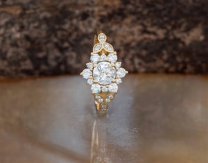 1 carat flower diamond ring-Art deco Engagement Ring-Flower engagement ring-Promise ring-Leaf ring-Custom Ring-Round engagement-Solid gold
