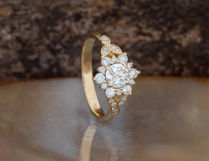 1 carat flower diamond ring-Art deco Engagement Ring-Flower engagement ring-Promise ring-Leaf ring-Custom Ring-Round engagement-Solid gold