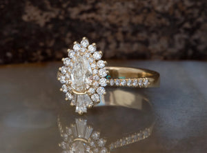 1.3ct carat diamond ring-Halo wedding ring-Promise ring-Pear diamond ring-Filigree ring-Gatsby ring-Baguette ring-Baguette Engagement Ring