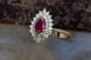 Ruby vintage ring-Double halo engagement-Ruby engagement ring-Gatsby ring-Ruby ring-Baguette ring-Antique ring-Ruby rings engagement-anniversary ring,Antique ring,baguette ring,Custom Rings,Double halo ring,engagement ring,estate ring,gatsby ring,Pear,pear shaped ruby,Promise ring,ruby rings,Ruby vintage ring,vs,vvs