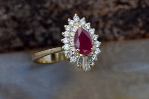 Ruby vintage ring-Double halo engagement-Ruby engagement ring-Gatsby ring-Ruby ring-Baguette ring-Antique ring-Ruby rings engagement-anniversary ring,Antique ring,baguette ring,Custom Rings,Double halo ring,engagement ring,estate ring,gatsby ring,Pear,pear shaped ruby,Promise ring,ruby rings,Ruby vintage ring,vs,vvs