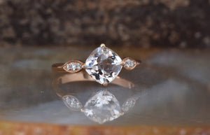 Morganite engagement ring-Pink Morganite ring 14k Rose Gold-Promise ring-Art deco ring-Cushion Cut Morganite Ring-Halo Cushion Ring