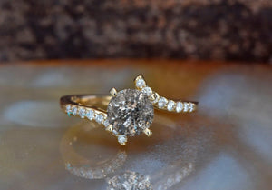 2.16 ct Salt and Pepper diamond twisted engagement ring - 14k 18K Yellow Gold-2 carat diamond ring,2 ct black diamond,2 ct diamond,4 prong solitaire,diamond ring,engagement ring,gold diamond ring,gray diamond ring,grey diamond ring,Pepper diamond,Round,salt and pepper ring,salt pepper diamond,salt pepper ring,twisted engagement ring,Twisted ring,vine wedding ring,vs,vvs