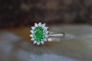 Vintage emerald ring-1 CT Green Emerald Engagement Ring-Diamond ring with Emerald-halo emerald ring-14k white gold,Anniversary ring,Art deco ring,diamond ring,emerald jewelry,Gemstone,Green emerald ring,halo emerald ring,Oval,Oval emerald ring,Princess Diana Ring,Promise ring,Ring,Round,statement ring,Vintage ring,vintage emerald ring,vs,vvs