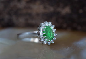 1 carat Green Emerald Engagement Ring-Diamond ring with Emerald-halo emerald ring-Oval cut engagement ring-Diana Ring-vintage emerald ring