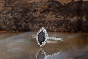 1ct black diamond ring-Halo engagement ring-Marquise ring-Marquise engagement ring-Marquise ring gold-Anniversary Ring-Art Deco Ring - SevenCarat