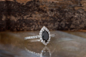 1ct black diamond ring-Halo engagement ring-Marquise ring-Marquise engagement ring-Marquise ring gold-Anniversary Ring-Art Deco Ring - SevenCarat