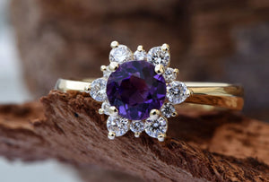 Amethyst flower diamond engagement ring