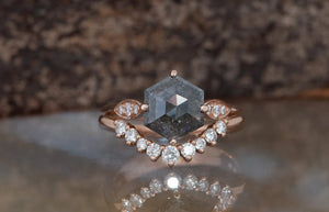 Hexagon wedding set-salt & pepper diamond-Salt and Pepper diamond engagement ring-Salt and pepper ring-Hexagon ring-Hexagon diamond ring