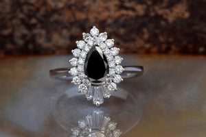 Black diamond vintage ring-Promise ring-Art deco ring-Gatsby Ring-Teardrop ring-Black diamond ring-Vintage ring-Curved wedding band