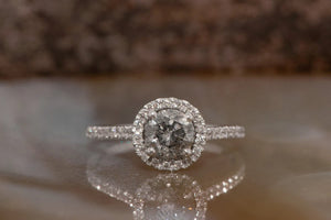 1.5 ct Salt and Pepper diamond engagement ring-Vintage salt and pepper-Halo diamond ring-salt and pepper engagement ring-grey diamond