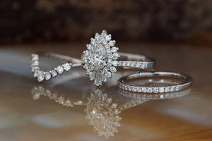 Lace diamond ring-Cluster wedding ring set-Baguette wedding bands women-Diamond engagement ring vintage-White Gold-alternative wedding ring