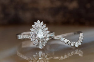 Lace diamond ring-Cluster wedding ring set-Baguette wedding bands women-Diamond engagement ring vintage-White Gold-alternative wedding ring
