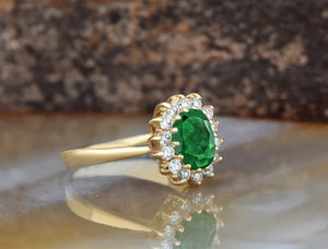 1 carat Green Emerald Engagement Ring-Diamond ring with Emerald-halo emerald ring-Oval cut engagement ring-Diana Ring-vintage emerald ring