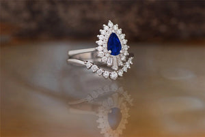 Gatsby Sapphire engagement ring set-14K white Gold-Pear shaped diamond engagement ring-Art deco ring-Platinum diamond wedding setting-art deco ring,Baguette ring,Bridal wedding ring,custom order,Diamond engagement,engagement ring,free shipping,Gatsby ring,gold diamond ring,Platinum ring,Promise ring,Ring,unique engagement,Wedding sets