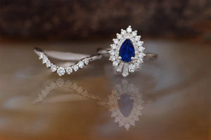 Gatsby Sapphire engagement ring set-14K white Gold-Pear shaped diamond engagement ring-Art deco ring-Platinum diamond wedding setting-art deco ring,Baguette ring,Bridal wedding ring,custom order,Diamond engagement,engagement ring,free shipping,Gatsby ring,gold diamond ring,Platinum ring,Promise ring,Ring,unique engagement,Wedding sets