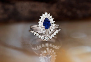 Gatsby Sapphire engagement ring set-14K white Gold-Pear shaped diamond engagement ring-Art deco ring-Platinum diamond wedding setting-art deco ring,Baguette ring,Bridal wedding ring,custom order,Diamond engagement,engagement ring,free shipping,Gatsby ring,gold diamond ring,Platinum ring,Promise ring,Ring,unique engagement,Wedding sets