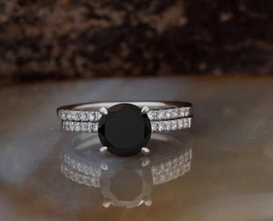 Black diamond ring-Black diamond ring set-Halo engagement ring set-Black diamond ring for women-Halo Wedding Set-2ct diamond engagement ring