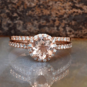 Halo morganite wedding ring set-Diamond engagement ring vintage-Rose Gold wedding set 14k-Promise ring-Anniversary ring,art deco ring,Bridal set rings,Bridal wedding ring,Diamond engagement,engagement ring,gold diamond ring,halo Morganite set,halo wedding set,Morganite ring,Promise ring,Ring,sevencarat,solitaire ring,unique engagement,vs,vvs,Wedding sets