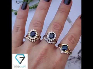 Blue green sapphire ring-Gold ring-Wedding ring set-Oval sapphire ring-Women ring
