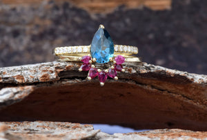 London blue topaz pear cut ring yellow gold-Bridal set rings yellow gold-Promised ring-Cluster wedding set-Ruby Ring-anniversary gift,art deco engagement,Art Deco Ring,Bridal set rings,diamond ring,engagement ring,Free shipping,London blue topaz,Pear cut ruby,pear sapphire ring,Promise Ring,Ruby ring,Topaz Pear cut ring