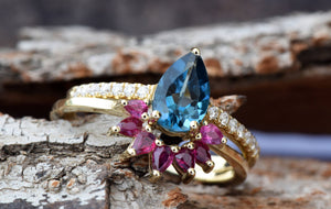 London blue topaz pear cut ring yellow gold-Bridal set rings yellow gold-Promised ring-Cluster wedding set-Ruby Ring-anniversary gift,art deco engagement,Art Deco Ring,Bridal set rings,diamond ring,engagement ring,Free shipping,London blue topaz,Pear cut ruby,pear sapphire ring,Promise Ring,Ruby ring,Topaz Pear cut ring