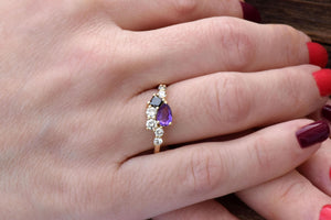 Amethyst cluster ring-Amethyst diamond engagement ring-Gold ring-Diamond ring-Promise Ring-Gift for her-Black diamond-Art deco engagement-14k white gold,Amethyst cluster,anniversary gift,art deco engagement,Art Deco Ring,Black diamond,diamond ring,engagement ring,For her,Gemstone,Gift for her,Oval,Pear,pear sapphire ring,Promise Ring,Ring,unique   ring,vs,vvs