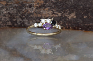 Amethyst cluster ring-Amethyst diamond engagement ring-Gold ring-Diamond ring-Promise Ring-Gift for her-Black diamond-Art deco engagement-14k white gold,Amethyst cluster,anniversary gift,art deco engagement,Art Deco Ring,Black diamond,diamond ring,engagement ring,For her,Gemstone,Gift for her,Oval,Pear,pear sapphire ring,Promise Ring,Ring,unique   ring,vs,vvs