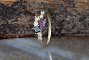 Amethyst cluster ring-Amethyst diamond engagement ring-Gold ring-Diamond ring-Promise Ring-Gift for her-Black diamond-Art deco engagement-14k white gold,Amethyst cluster,anniversary gift,art deco engagement,Art Deco Ring,Black diamond,diamond ring,engagement ring,For her,Gemstone,Gift for her,Oval,Pear,pear sapphire ring,Promise Ring,Ring,unique   ring,vs,vvs
