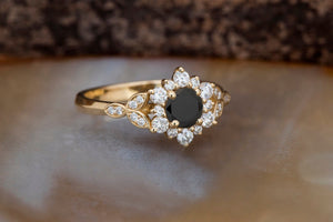 1 carat flower diamond ring-Black diamond Art deco Engagement Ring-Flower engagement ring -Promise ring-Leaf ring-anniversary ring,Art deco engagement,black diamond ring,Custom Ring,Diamond,diamond engagement,diamond leaves ring,engagement ring,Engagement Rings,flower ring,free shipping,Leaf engagement ring,Leaf ring,promise ring,Round,sevencarat,vs,vvs,yellow gold ring